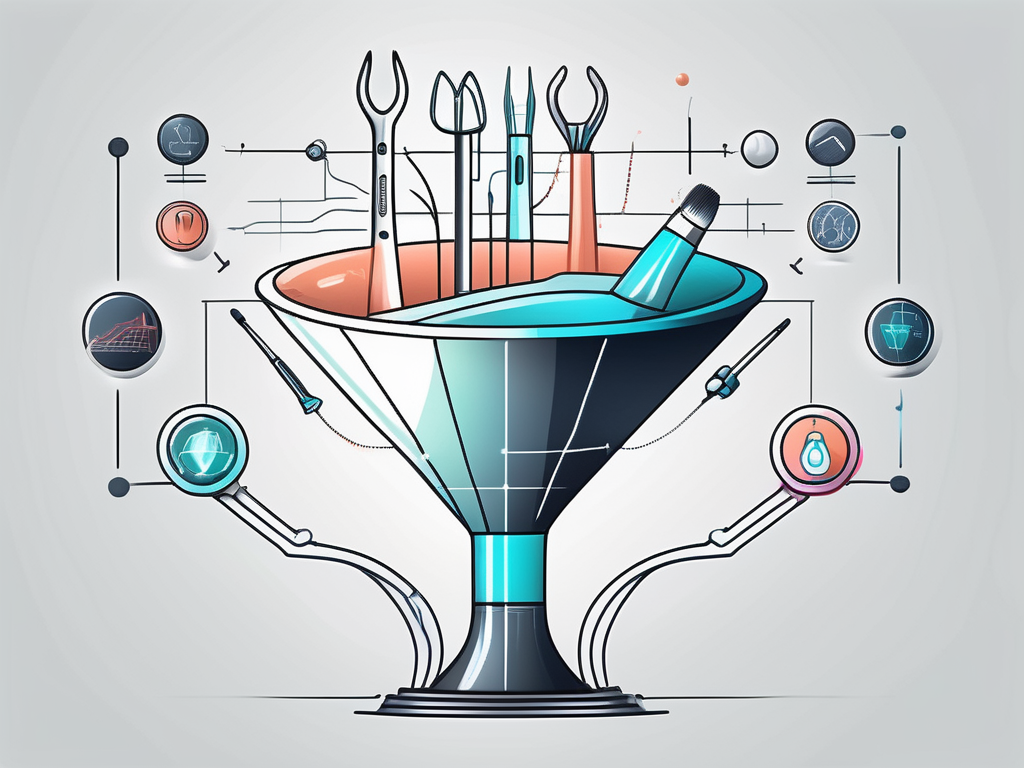 A futuristic digital marketing funnel with various plastic surgery tools and icons