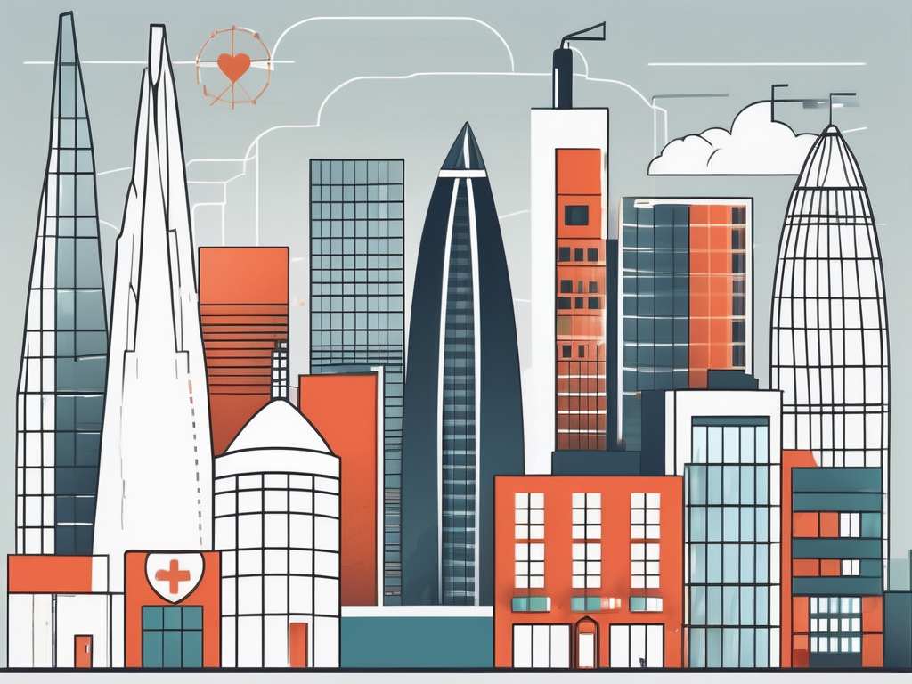 A london skyline with symbolic elements of a clinic such as a medical cross