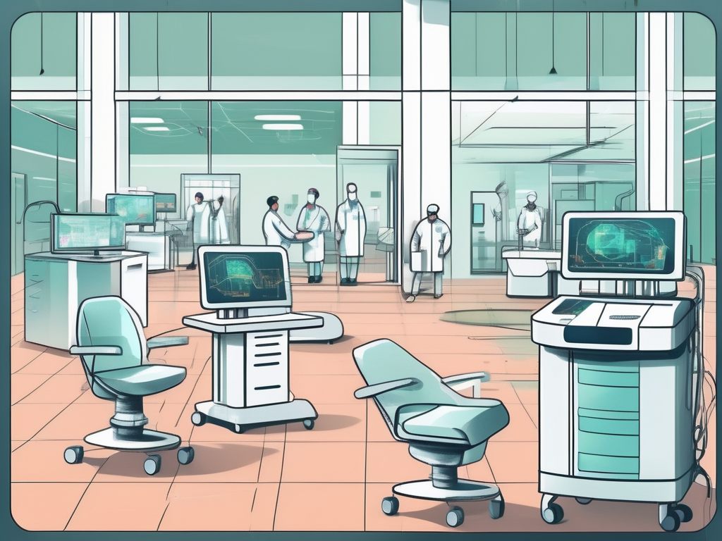 A futuristic hospital setting with ai-driven machines performing various administrative tasks